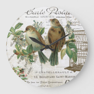 Grande Horloge Ronde Oiseaux et cage à oiseaux français vintages