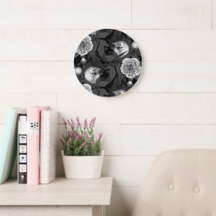 Grande Horloge Ronde Oiseaux et fleurs de pivoines monochromes, gris