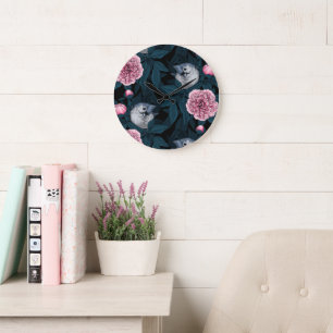 Grande Horloge Ronde Oiseaux et fleurs de pivoines roses avec feuille