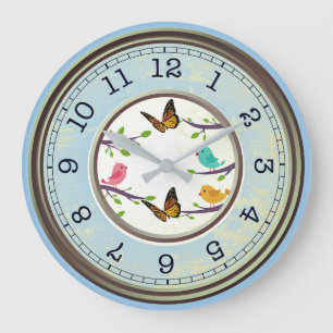 Grande Horloge Ronde Oiseaux et Papillons Bleu Style Ferme Maison