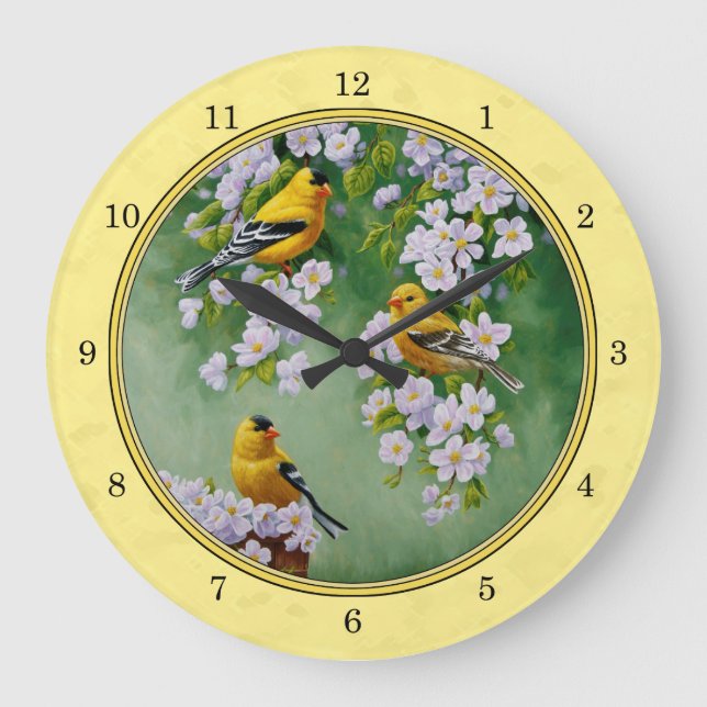 Grande Horloge Ronde Oiseaux Goldfinch et fleurs de pomme Jaune (Recto)