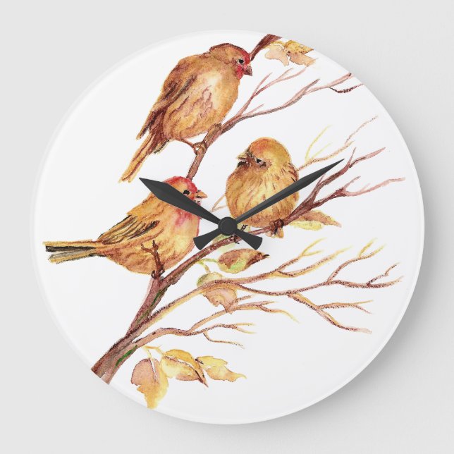 Grande Horloge Ronde Oiseaux originaux d'aquarelle dans l'arbre (Recto)