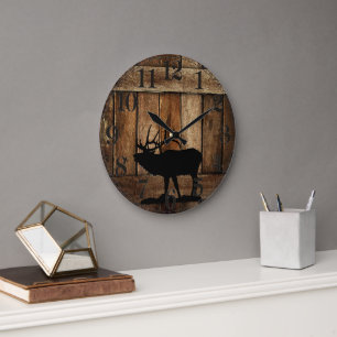 Grande Horloge Ronde Old Barn Wood & Elk Silhouette