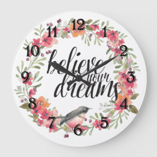 Grande Horloge Ronde Oléandre romantique oiseau rose floral rêve