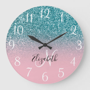 Grande Horloge Ronde Ombre de paillettes rose et sarcelle monogrammées