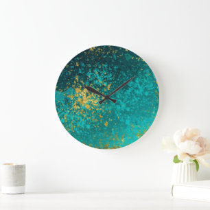 Grande Horloge Ronde Opale Verte Élégante Faux Or