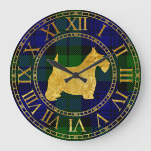 Grande Horloge Ronde Or et plaid de Terrier d'écossais