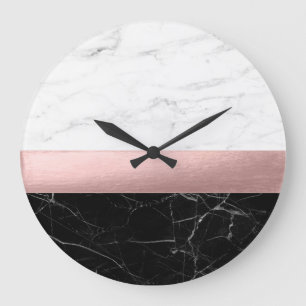 Grande Horloge Ronde or rose de marbre blanc noir clair moderne éléga