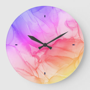 Grande Horloge Ronde Orange rose Abstrait et encre violette