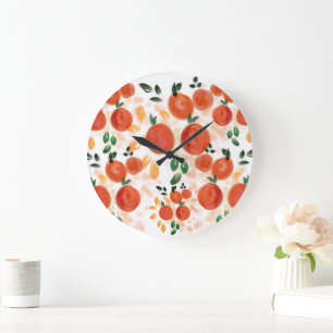 Grande Horloge Ronde Orange tropicale et Motif Feuille