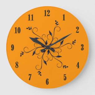 Grande Horloge Ronde Orange uni avec chiffres et accent noirs