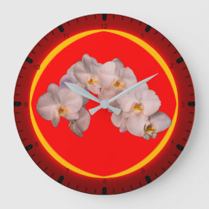 Grande Horloge Ronde Orchidée blanche sur le rouge