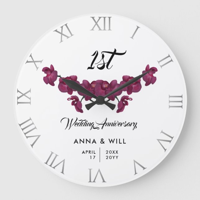 Grande Horloge Ronde Orchidée violette Aquarelle Chic Mariage Anniversa (Recto)