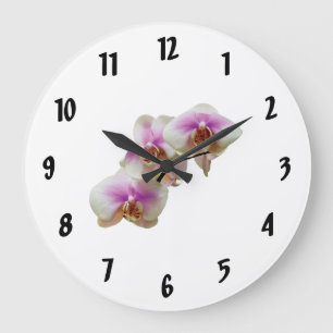 Grande Horloge Ronde Orchidées magenta pâle et blanc