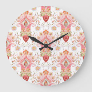 Grande Horloge Ronde Oriental Flair : Damask Peacock Paisley
