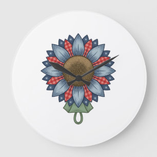 Grande Horloge Ronde Ornement de tournesol en denim patriotique vintage