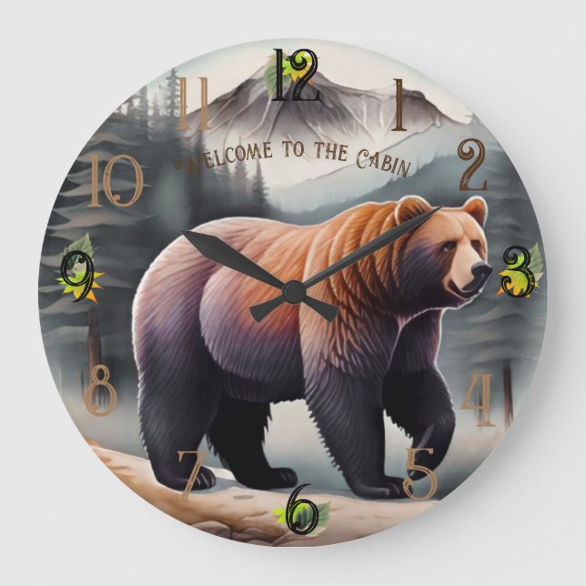 Grande Horloge Ronde Ours d'aquarelle Brown rustique (Recto)