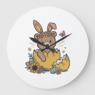 Grande Horloge Ronde Ours de Pâques mignon dans un œuf cassé Vecteur vi