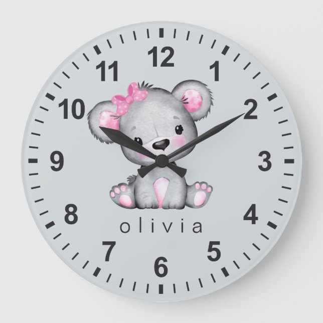 Grande Horloge Ronde Ours en peluche gris rose girly personnalisé (Recto)