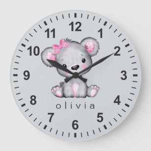 Grande Horloge Ronde Ours en peluche rose girly personnalisé gris