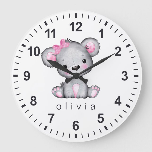 Grande Horloge Ronde Ours en peluche rose personnalisé blanc (Recto)