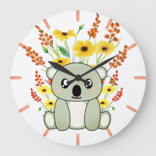 Grande Horloge Ronde Ours Koala mignon avec fleurs