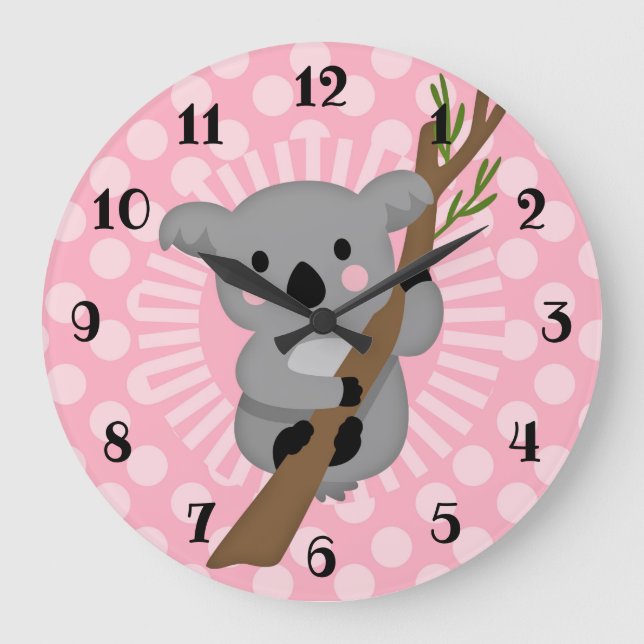 Grande Horloge Ronde Ours Koala mignon - Fille Gris Rose (Recto)