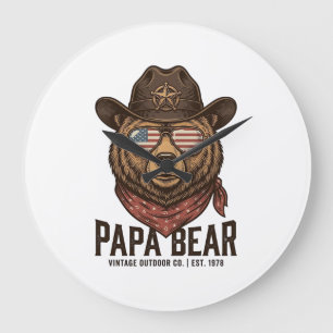 Grande Horloge Ronde Ours Papa Cowboy Ours Patriote Vintage Vector Des