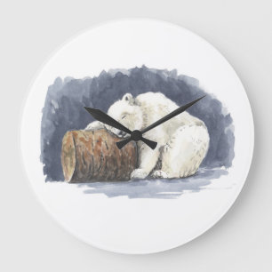 Grande Horloge Ronde Ours polaire dormant, aquarelle