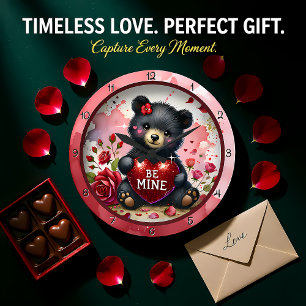 Grande Horloge Ronde Ourson de la Saint-Valentin Cœur Rouge
