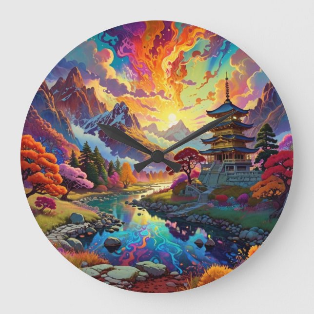 Grande Horloge Ronde Pagode et paysage coloré (Recto)