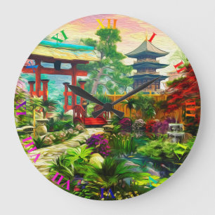 Grande Horloge Ronde Pagode Japonaise Sakura Et Cascade