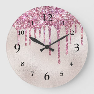 Grande Horloge Ronde Pailletage Rose Glamour Dégoulinant sur Perle de C