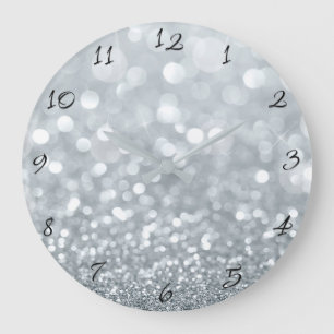 Grande Horloge Ronde Paillettes Argentées Blanches Bokeh Glamour Tendan