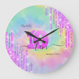 Grande Horloge Ronde Paillettes fraîches gouttes Tie Dye 10e anniversai