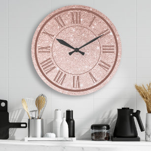 Grande Horloge Ronde Paillettes Or Rose Chiffre Romain Étincelant Fémin
