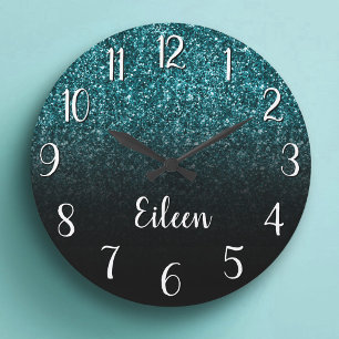 Grande Horloge Ronde Paillettes sarcelle et ombre noir féminin