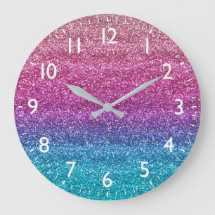 Grande Horloge Ronde Paillettes scintillantes en dégradé rose et bleu