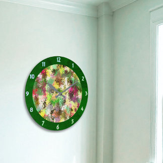 Grande Horloge Ronde Paint Splatter Automne Couleur Feuilles Abstraits