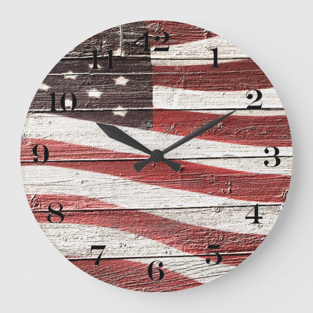 Grande Horloge Ronde Painted American Flag on Rustic Wood Texture (Recto)