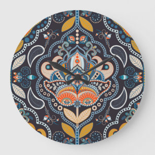Grande Horloge Ronde Paisley Floral : Motif indien foncé