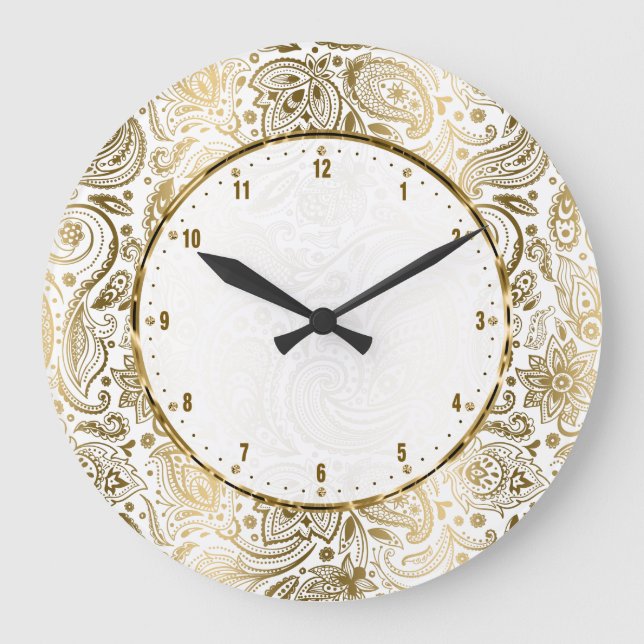 Grande Horloge Ronde Paisley Florale Dorée Et Blanche (Recto)