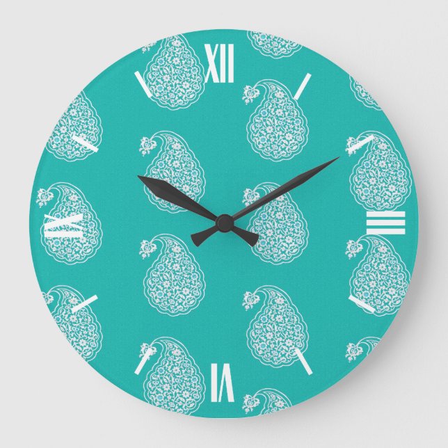 Grande Horloge Ronde Paisley perse - blanc sur turquoise (Recto)