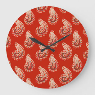 Grande Horloge Ronde Paisley rouille rouge, blanc et gris