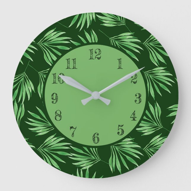 Grande Horloge Ronde Palmier Feuille Vert feuillage Moderne (Recto)