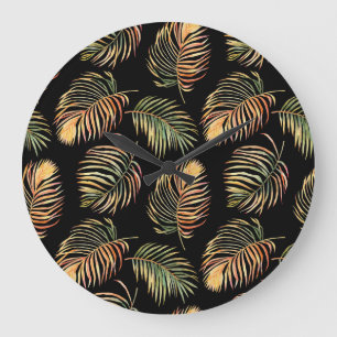 Grande Horloge Ronde Palmiers Gold-Green : Aquarelle Motif sans couture