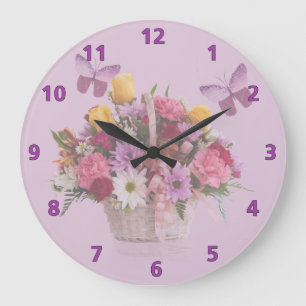 Grande Horloge Ronde Panier des fleurs et des papillons