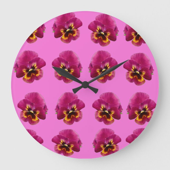 Grande Horloge Ronde Pansies Roses Sur Rose, (Recto)