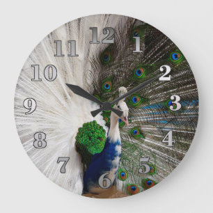 Grande Horloge Ronde Paon bleu blanc