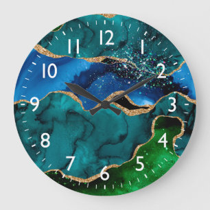 Grande Horloge Ronde Paon bleu et vert Faux Paillettes Agate